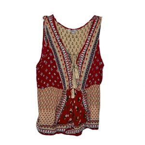 PATRONS OF PEACE Boho Gypsy Patchwork Tank Tassel Tie Front Sz Medium